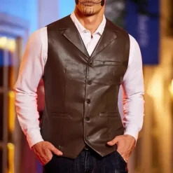 Men's Vest Gilet Vacation Daily Date Fashion Casual Spring Fall Buttons Pocket Faux Leather Comfortable Plain Single Breasted One-button Lapel Regular Fit Dark Brown Black Red Light Brown Vest