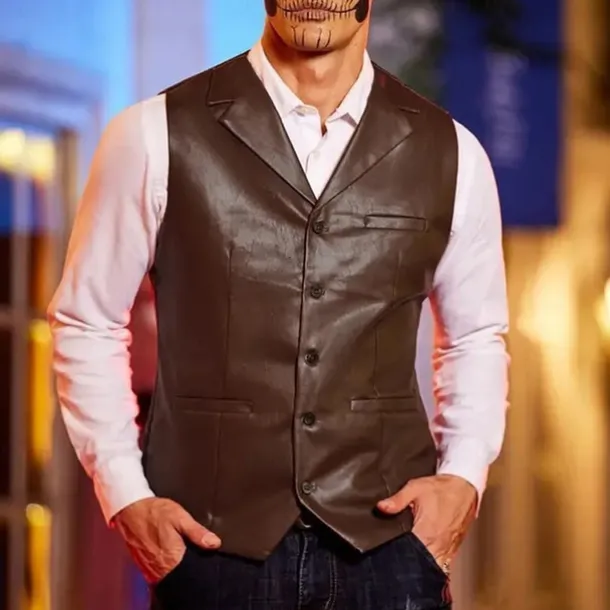 Men's Vest Gilet Vacation Daily Date Fashion Casual Spring Fall Buttons Pocket Faux Leather Comfortable Plain Single Breasted One-button Lapel Regular Fit Dark Brown Black Red Light Brown Vest