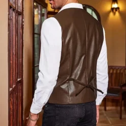 Men's Vest Gilet Vacation Daily Date Fashion Casual Spring Fall Buttons Pocket Faux Leather Comfortable Plain Single Breasted One-button Lapel Regular Fit Dark Brown Black Red Light Brown Vest