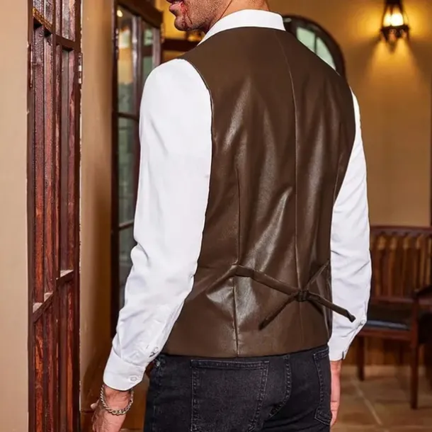 Men's Vest Gilet Vacation Daily Date Fashion Casual Spring Fall Buttons Pocket Faux Leather Comfortable Plain Single Breasted One-button Lapel Regular Fit Dark Brown Black Red Light Brown Vest