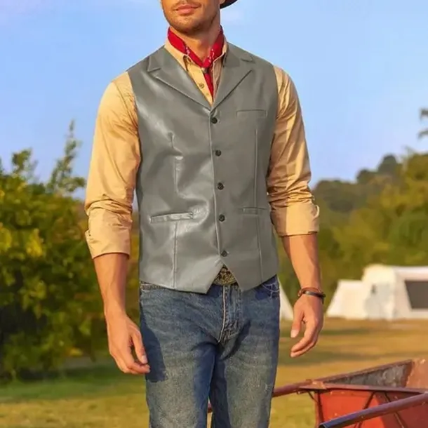 Men's Vest Gilet Vacation Daily Date Fashion Casual Spring Fall Buttons Pocket Faux Leather Comfortable Plain Single Breasted One-button Lapel Regular Fit Dark Brown Black Red Light Brown Vest