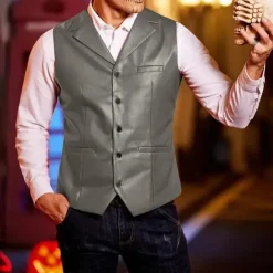 Men's Vest Gilet Vacation Daily Date Fashion Casual Spring Fall Buttons Pocket Faux Leather Comfortable Plain Single Breasted One-button Lapel Regular Fit Dark Brown Black Red Light Brown Vest