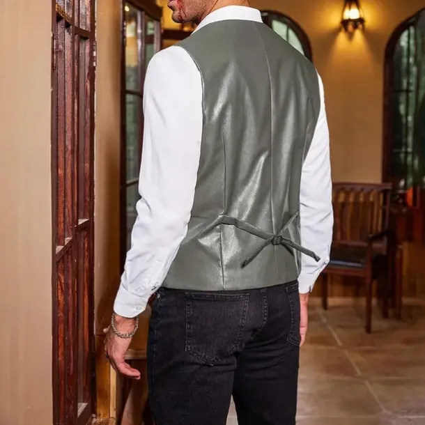 Men's Vest Gilet Vacation Daily Date Fashion Casual Spring Fall Buttons Pocket Faux Leather Comfortable Plain Single Breasted One-button Lapel Regular Fit Dark Brown Black Red Light Brown Vest