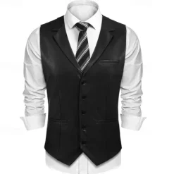 Men's Vest Gilet Vacation Daily Date Fashion Casual Spring Fall Buttons Pocket Faux Leather Comfortable Plain Single Breasted One-button Lapel Regular Fit Dark Brown Black Red Light Brown Vest