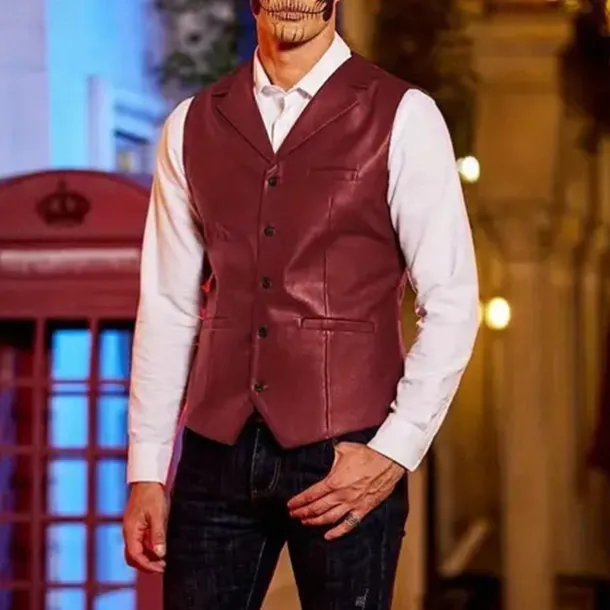 Men's Vest Gilet Vacation Daily Date Fashion Casual Spring Fall Buttons Pocket Faux Leather Comfortable Plain Single Breasted One-button Lapel Regular Fit Dark Brown Black Red Light Brown Vest