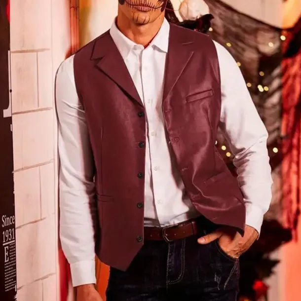 Men's Vest Gilet Vacation Daily Date Fashion Casual Spring Fall Buttons Pocket Faux Leather Comfortable Plain Single Breasted One-button Lapel Regular Fit Dark Brown Black Red Light Brown Vest