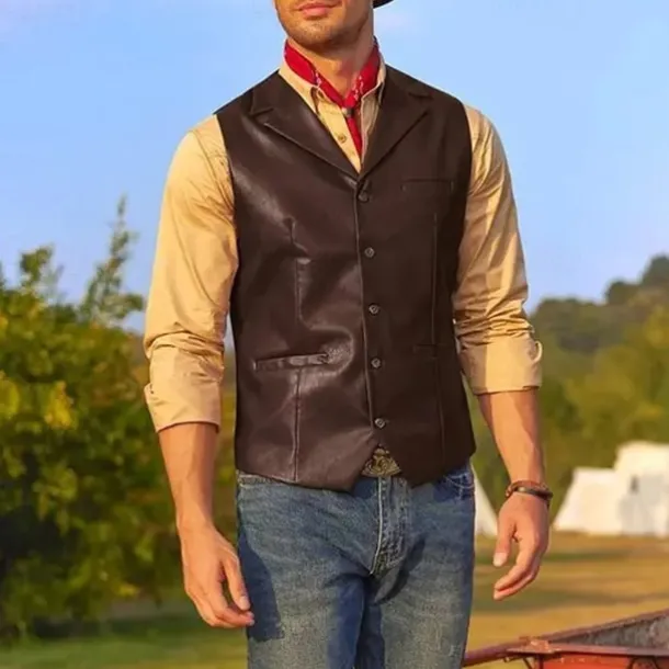 Men's Vest Gilet Vacation Daily Date Fashion Casual Spring Fall Buttons Pocket Faux Leather Comfortable Plain Single Breasted One-button Lapel Regular Fit Dark Brown Black Red Light Brown Vest