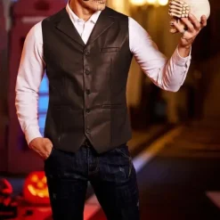 Men's Vest Gilet Vacation Daily Date Fashion Casual Spring Fall Buttons Pocket Faux Leather Comfortable Plain Single Breasted One-button Lapel Regular Fit Dark Brown Black Red Light Brown Vest