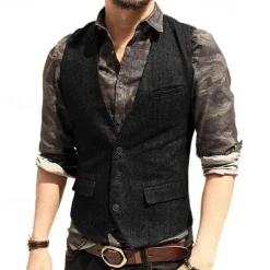 Men's Vest Gilet Wedding Event / Party Daily Fashion Business Spring & Summer Button Pocket Polyester Comfortable Solid Color Single Breasted One-button V Neck Regular Fit Silver Dark Brown Black