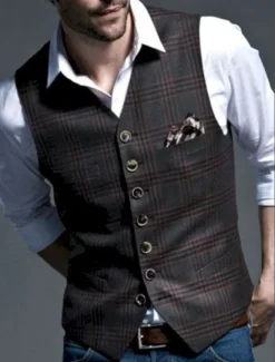 Men's Vest Gilet Wedding Event / Party Daily Fashion Business Spring & Summer Button Pocket Polyester Comfortable Plaid Single Breasted One-button V Neck Regular Fit Black Vest