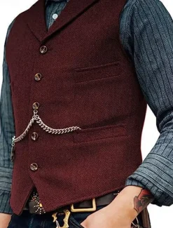 Men's Vest Gilet Wedding Event / Party Daily Fashion Business Spring & Summer Button Pocket Thick Chain Polyester Comfortable Plain Single Breasted One-button Lapel Regular Fit Black Burgundy Navy