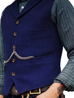 Men's Vest Gilet Wedding Event / Party Daily Fashion Business Spring & Summer Button Pocket Thick Chain Polyester Comfortable Plain Single Breasted One-button Lapel Regular Fit Black Burgundy Navy