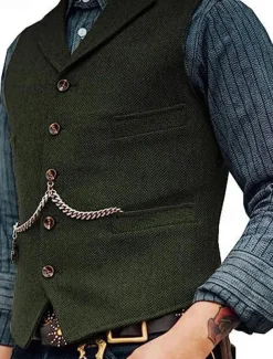 Men's Vest Gilet Wedding Event / Party Daily Fashion Business Spring & Summer Button Pocket Thick Chain Polyester Comfortable Plain Single Breasted One-button Lapel Regular Fit Black Burgundy Navy