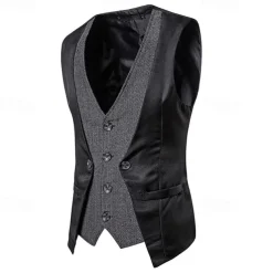 Men's Vest Gilet Wedding Event / Party Daily Fashion Business Spring & Fall Patchwork Button 2 in 1 Polyester Comfortable Color Block Single Breasted One-button V Neck Regular Fit Black Navy Blue