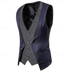 Men's Vest Gilet Wedding Event / Party Daily Fashion Business Spring & Fall Patchwork Button 2 in 1 Polyester Comfortable Color Block Single Breasted One-button V Neck Regular Fit Black Navy Blue