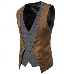 Men's Vest Gilet Wedding Event / Party Daily Fashion Business Spring & Fall Patchwork Button 2 in 1 Polyester Comfortable Color Block Single Breasted One-button V Neck Regular Fit Black Navy Blue