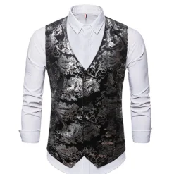 Men's Vest Gilet Wedding Party Bar Stylish Comfortable Summer Spring Pocket Polyester Breathable Floral Single Breasted V Neck Regular Fit Silver Black Dark Navy Gold Vest