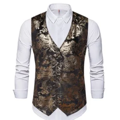 Men's Vest Gilet Wedding Party Bar Stylish Comfortable Summer Spring Pocket Polyester Breathable Floral Single Breasted V Neck Regular Fit Silver Black Dark Navy Gold Vest