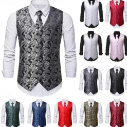 Men's Vest Tie Set Paisley Floral Jacquard Necktie Pocket Square 3PCS Waistcoat Retro Vintage Rococo for Suit or Tuxedo Wedding Party Masquerade