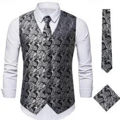 Men's Vest Tie Set Paisley Floral Jacquard Necktie Pocket Square 3PCS Waistcoat Retro Vintage Rococo for Suit or Tuxedo Wedding Party Masquerade