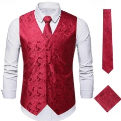 Men's Vest Tie Set Paisley Floral Jacquard Necktie Pocket Square 3PCS Waistcoat Retro Vintage Rococo for Suit or Tuxedo Wedding Party Masquerade