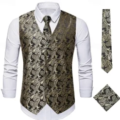 Men's Vest Tie Set Paisley Floral Jacquard Necktie Pocket Square 3PCS Waistcoat Retro Vintage Rococo for Suit or Tuxedo Wedding Party Masquerade