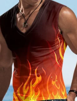 Men's Vest Top Sleeveless T Shirt for Men Graphic Flame V Neck Clothing Apparel 3D Print Sports Running Sleeveless 3D Print Designer Casual Muscle