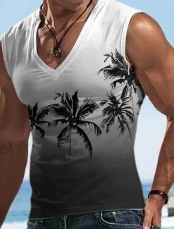 Men's Vest Top Sleeveless T Shirt for Men Graphic Coconut Tree V Neck Clothing Apparel 3D Print Sports Running Sleeveless 3D Print Designer Casual Muscle