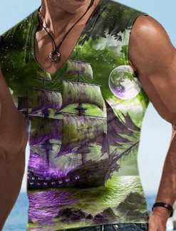 Men's Vest Top Sleeveless T Shirt for Men Graphic Boat V Neck Clothing Apparel 3D Print Sports Running Sleeveless 3D Print Designer Casual Muscle