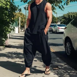 Men's Vest Top T-shirt Suits Shirt and Pant Sets 2 Pieces Outfits Sleeveless Crewneck Summer Plain Fashion Casual 2 Piece Vacation Daily Wear Going out Black Top Tee for Men