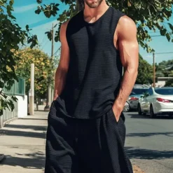 Men's Vest Top T-shirt Suits Shirt and Pant Sets 2 Pieces Outfits Sleeveless Crewneck Summer Plain Fashion Casual 2 Piece Vacation Daily Wear Going out Black Top Tee for Men