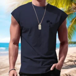Men's Vest Top Undershirt Sleeveless Shirt Sleeveless Crewneck Spring & Summer Pattern Fashion Designer Vacation Street Going out Wine Dark Navy Army Green Top Tee for Men