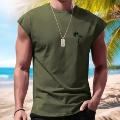 Men's Vest Top Undershirt Sleeveless Shirt Sleeveless Crewneck Spring & Summer Pattern Fashion Designer Vacation Street Going out Wine Dark Navy Army Green Top Tee for Men