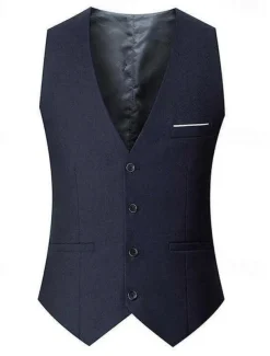 Men's Vest Waistcoat Business Daily Wear Party & Evening Fashion Basic Spring & Fall Patchwork Polyester Comfortable Plain Single Breasted V Neck Regular Fit Black Red Navy Blue Gray Vest
