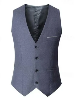 Men's Vest Waistcoat Business Daily Wear Party & Evening Fashion Basic Spring & Fall Patchwork Polyester Comfortable Plain Single Breasted V Neck Regular Fit Black Red Navy Blue Gray Vest