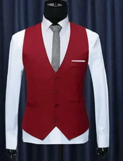 Men's Vest Waistcoat Business Daily Wear Party & Evening Fashion Basic Spring & Fall Patchwork Polyester Comfortable Plain Single Breasted V Neck Regular Fit Black Red Navy Blue Gray Vest
