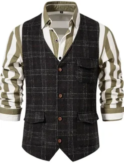 Men's Vest Waistcoat Daily Wear Vacation Going out Vintage British Spring & Fall Button Polyester Comfortable Plaid Single Breasted Lapel Regular Fit Grey Black khaki Vest