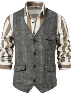 Men's Vest Waistcoat Daily Wear Vacation Going out Vintage British Spring & Fall Button Polyester Comfortable Plaid Single Breasted Lapel Regular Fit Grey Black khaki Vest