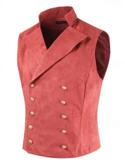 Men's Vest Waistcoat Daily Wear Vacation Going out Vintage Fashion Spring & Fall Button Polyester Comfortable Plain Double Breasted Lapel Regular Fit Black Royal Blue Brown Rose Red Vest