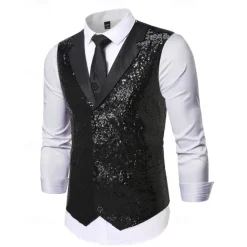 Men's Vest Waistcoat Gilet Performance Vacation Stage Fashion Casual Summer Spring Sequins Buttons Pocket Polyester Comfortable Plain Single Breasted One-button Lapel Regular Fit Silver Black Vest
