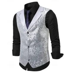 Men's Vest Waistcoat Gilet Performance Vacation Stage Fashion Casual Summer Spring Sequins Buttons Pocket Polyester Comfortable Plain Single Breasted One-button Lapel Regular Fit Silver Black Vest