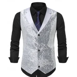 Men's Vest Waistcoat Gilet Performance Vacation Stage Fashion Casual Summer Spring Sequins Buttons Pocket Polyester Comfortable Plain Single Breasted One-button Lapel Regular Fit Silver Black Vest