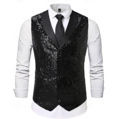 Men's Vest Waistcoat Gilet Performance Vacation Stage Fashion Casual Summer Spring Sequins Buttons Pocket Polyester Comfortable Plain Single Breasted One-button Lapel Regular Fit Silver Black Vest
