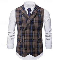 Men's Vest Waistcoat Gilet Vacation Party Business Fashion Casual Spring & Fall Buttons Pocket Polyester Comfortable Plaid Double Breasted Lapel Regular Fit Light Coffee Black Dark Gray Coffee Vest