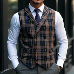 Men's Vest Waistcoat Gilet Vacation Party Business Fashion Casual Spring & Fall Buttons Pocket Polyester Comfortable Plaid Double Breasted Lapel Regular Fit Light Coffee Black Dark Gray Coffee Vest