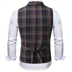 Men's Vest Waistcoat Gilet Vacation Party Business Fashion Casual Spring & Fall Buttons Pocket Polyester Comfortable Plaid Double Breasted Lapel Regular Fit Light Coffee Black Dark Gray Coffee Vest