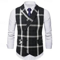 Men's Vest Waistcoat Gilet Vacation Party Business Fashion Casual Spring & Fall Buttons Pocket Polyester Comfortable Plaid Double Breasted Lapel Regular Fit Light Coffee Black Dark Gray Coffee Vest