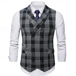 Men's Vest Waistcoat Gilet Vacation Party Business Fashion Casual Spring & Fall Buttons Pocket Polyester Comfortable Plaid Double Breasted Lapel Regular Fit Light Coffee Black Dark Gray Coffee Vest