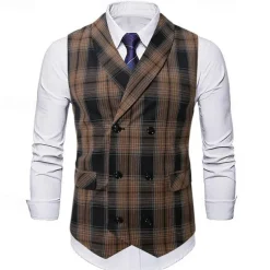 Men's Vest Waistcoat Gilet Vacation Party Business Fashion Casual Spring & Fall Buttons Pocket Polyester Comfortable Plaid Double Breasted Lapel Regular Fit Light Coffee Black Dark Gray Coffee Vest