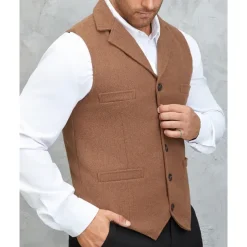 Men's Vest Waistcoat Gilet Vacation Party Business Fashion Casual Spring Fall Buttons Pocket Woolen Comfortable Solid Color Single Breasted One-button Flat collar Regular Fit Brown Army Green Gray